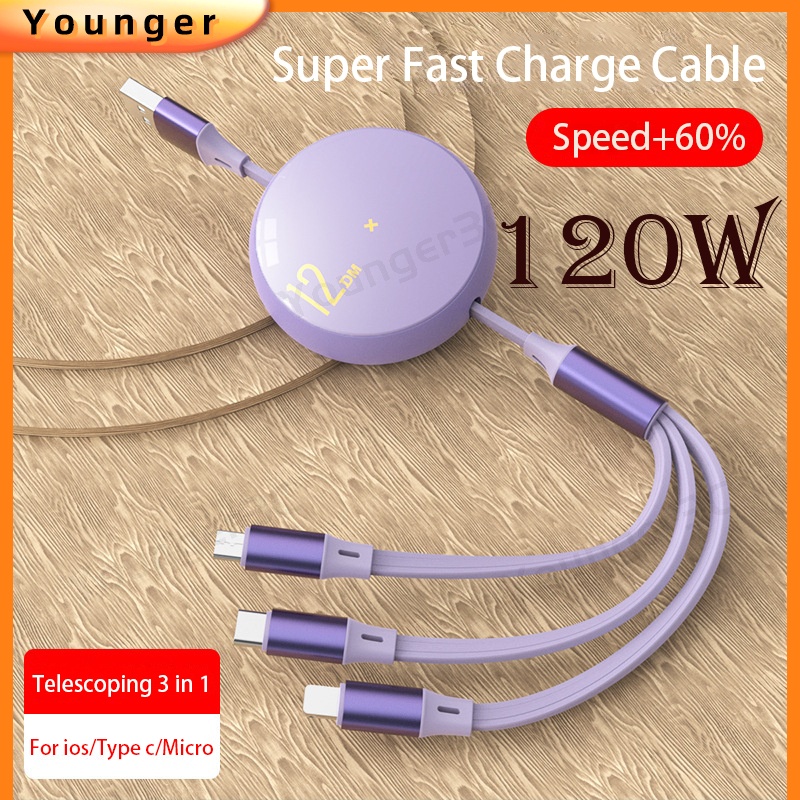 120w Kabel Pengisian Super Cepat 3in1 Charger Telepon Yang Dapat Ditarik 1M Extendable Charging Cord Untuk ios Tipe C Android