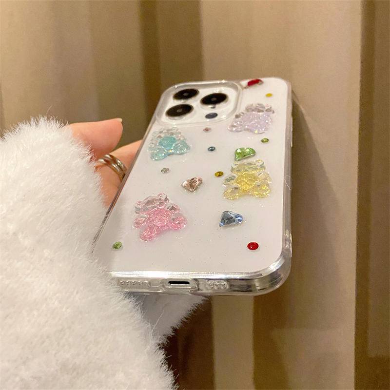 Casing Ponsel Beruang Warna Permen Glitter Lucu 3D Untuk Iphone14 13 12 11 Pro MAX Plus Mini Love Diamand Bening Soft Cover Untuk iPhone X XS MAX XR 7 8 Plus SE 2022 2020