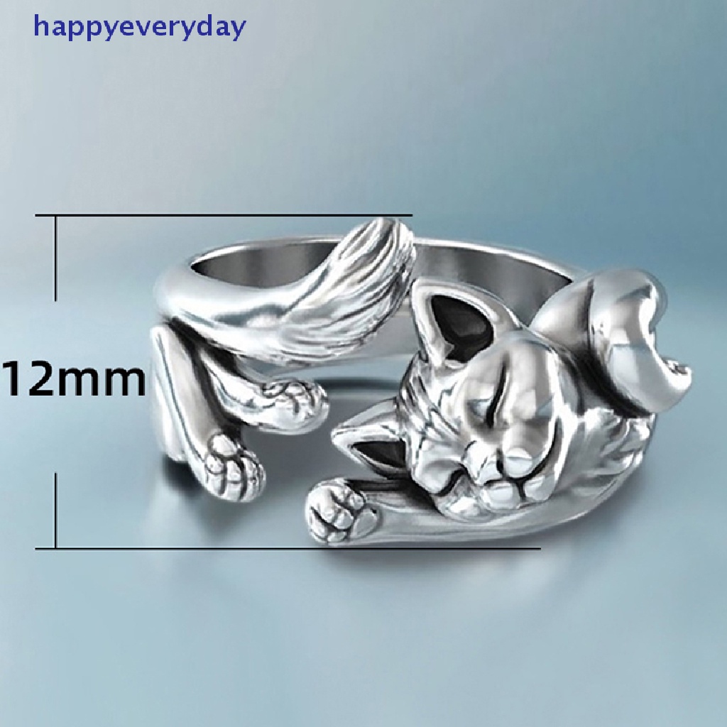 [happy] Perak Disepuh Vintage Lucu Kucing Cincin Wanita Perhiasan Trendi Adjustable Cincin Hadiah Aksesoris Pesta [ID]