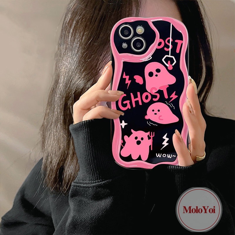 Case Pink Hantu Lucu Kompatibel Untuk IPhone 7Plus XR 11 8 6s 6 7Plus 13 12 14 Pro Max X XS Max SE 2020 3D Wavy Curved Edge Soft Tpu Glossy Shockproof Phone Cover