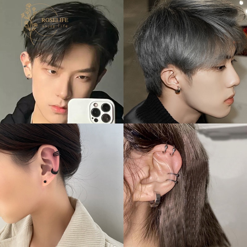 Roselife Unisex Punk Telinga Tulang Klip Anting Set Untuk Wanita Pria Garis Geometris Chunky Cuff Earring Ear Cartilage Klem Earcuff Perhiasan Aksesoris