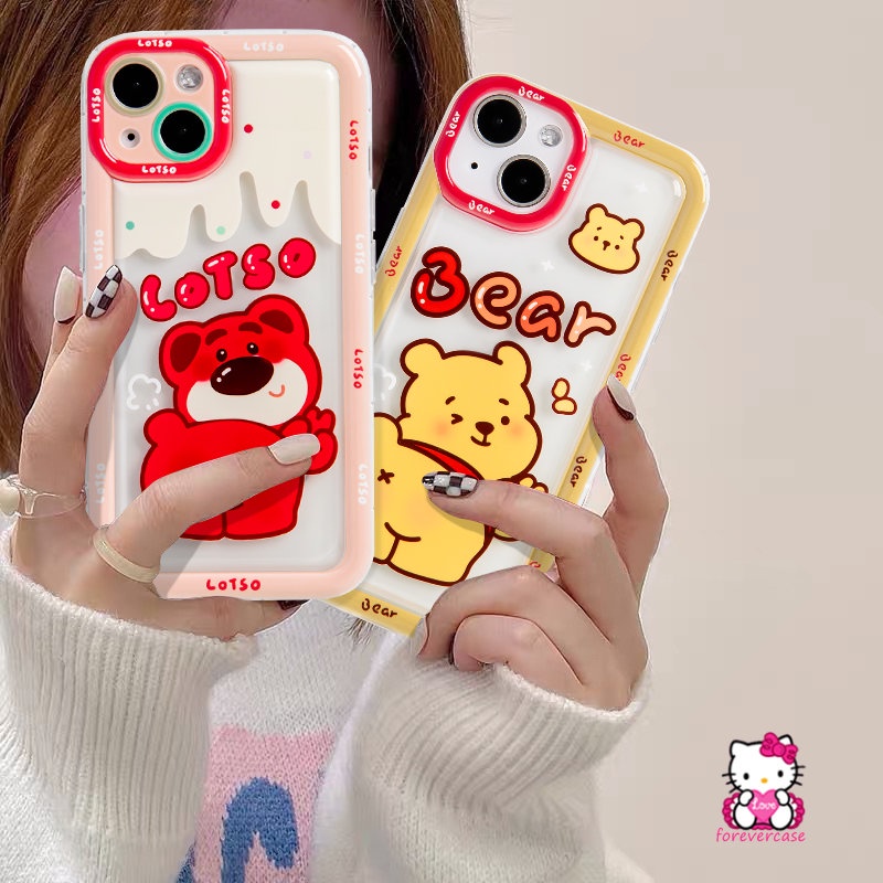 Strawberry Bear Manyo Soft TPU Case Kompatibel Untuk IPhone 7Plus XR 11 13 12 14 Pro MAX 8Plus XS X MAX 6 6S Plus Kartun Winnie the Pooh Airbag Shockproof Silicon Clear Phone Cover