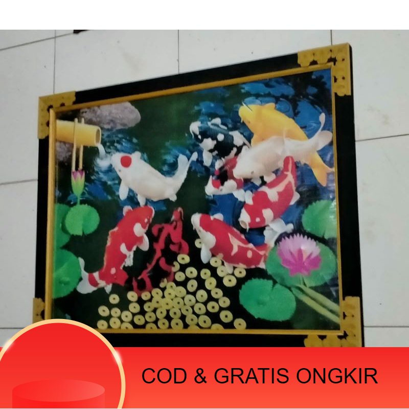 hiasan dinding lukisan cetak ikan koi plus bingkai ukuran100x50