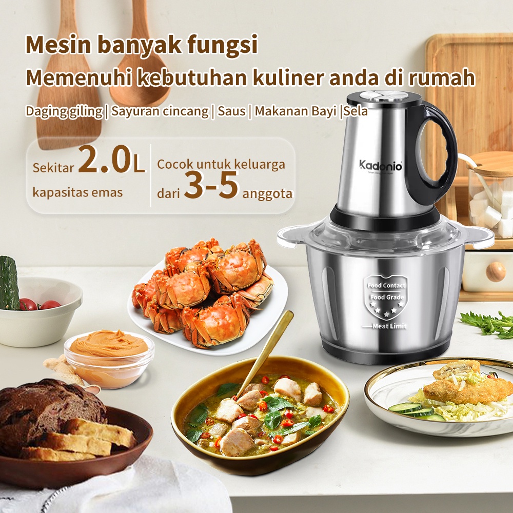 KADONIO Blender Daging Chopper Stainless 2L Penggiling Daging Multifungsi Meat Grinder 3 Tombol Yada KL-FB02