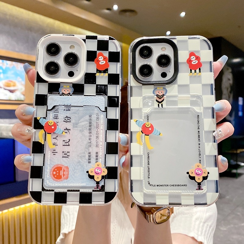 Pelindung 3in1 Untuk iPhone Case14 13 12 11 Pro Max X XR XS Max7 8 Plus Desain Lengan Kartu Kisi Hitam Putih