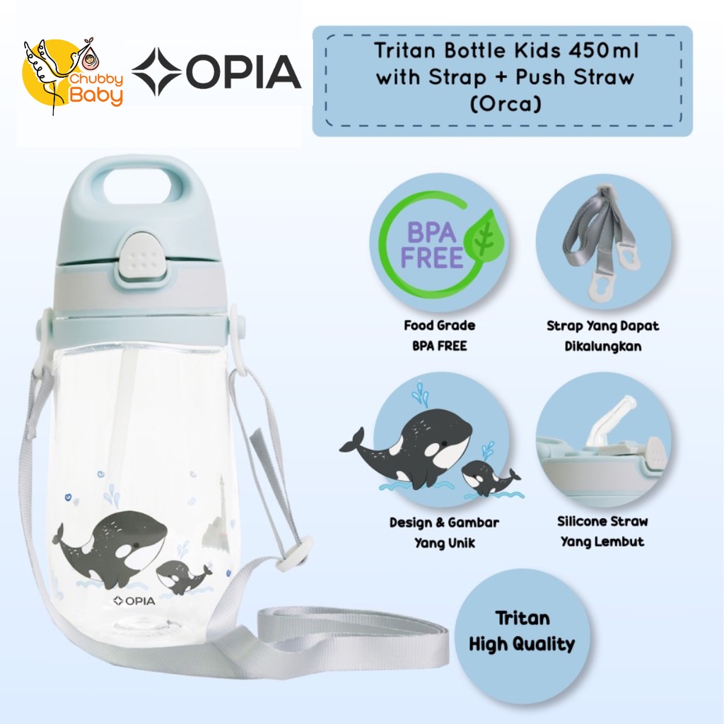 Opia Tritan Bottle Kids 450ml - Orca Straw Bottle with Strap