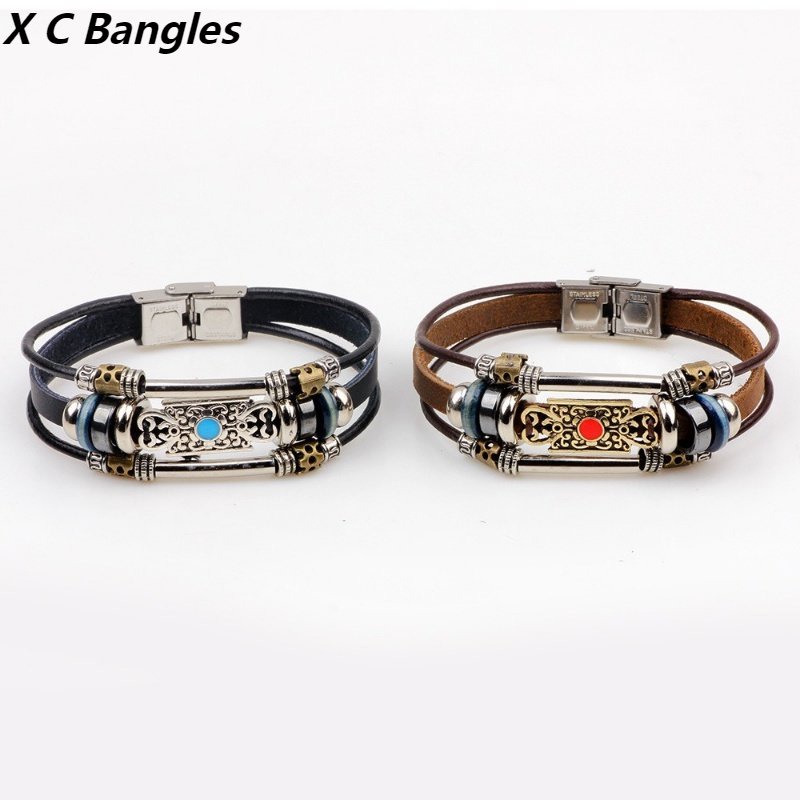 [X C Gelang] Baru Gelang Pasangan Stainless Steel Hitam Kulit Vintage Hip Hop Punk Gelang Kulit Lengan Manik-Manik Multilayer Zinc Alloy Anyaman Gelang