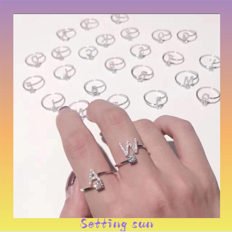 Cincin Model Terbuka Desain 26 Huruf Bahan Alloy Aksen Berlian Imitasi Untuk Wanita TN