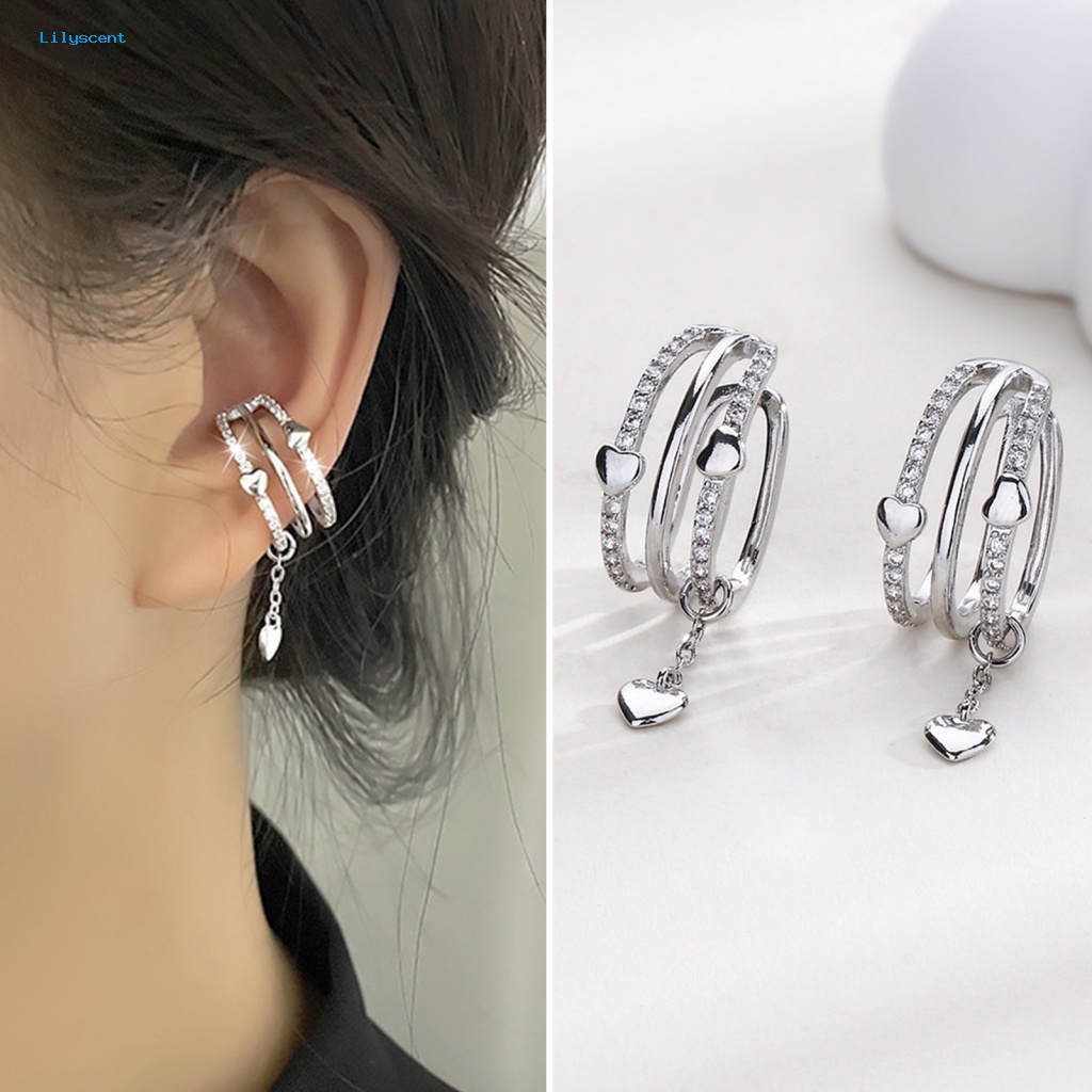 Lilyscent 1 Pc Mini Cartilage Earring Fashion Perhiasan Bling Berlian Imitasi Cinta Hati Rumbai Tulang Rawan Klip Anting-Anting Non-Piercing