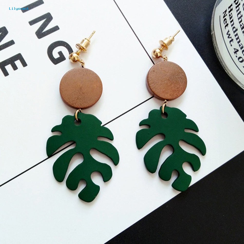 Lilyscent Bohemian Kayu Monstera Daun Menjuntai Wanita Stud Earrings/Klip Telinga Perhiasan Hadiah