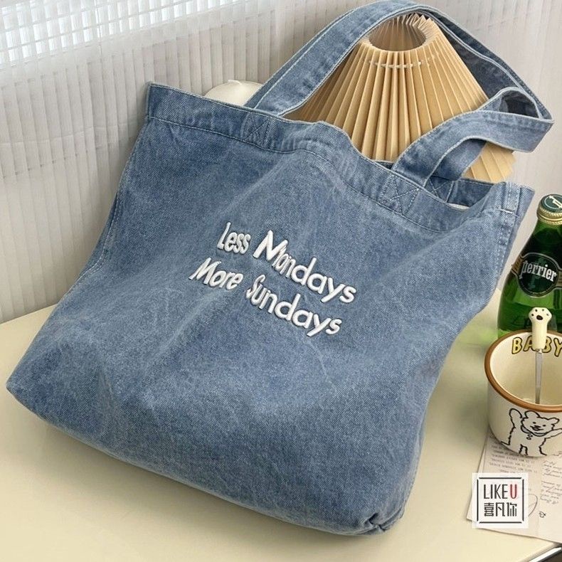 ◐▦∏Sera  Asli Bordir Gaya Korea Denim Dicuci Fashion Serbaguna Komuter Awal Delapan Satu Bahu Portabel Denim Tote Bag