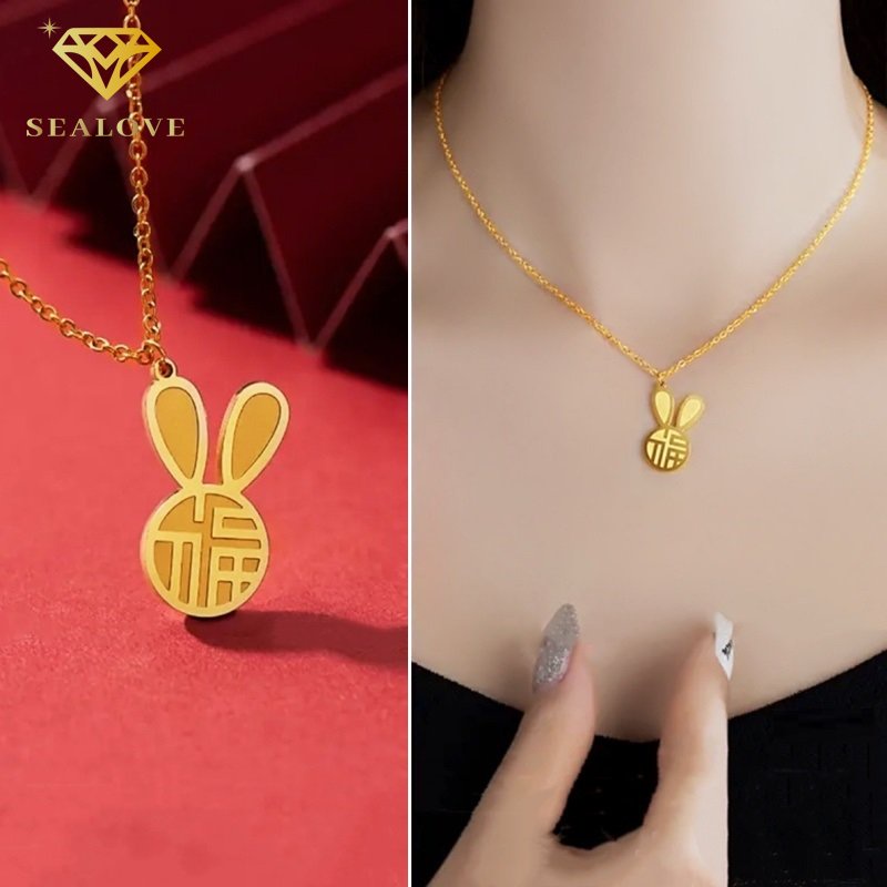 Kelinci Lucu 'Fu' Keberuntungan Kalung Titanium Wanita Anti Karat Emas 18K Perhiasan Wanita Fashion Korea