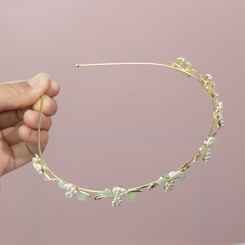 Gaya Korea Elegan Bunga Daun Mori Style Berlian Imitasi Opal Bando Logam