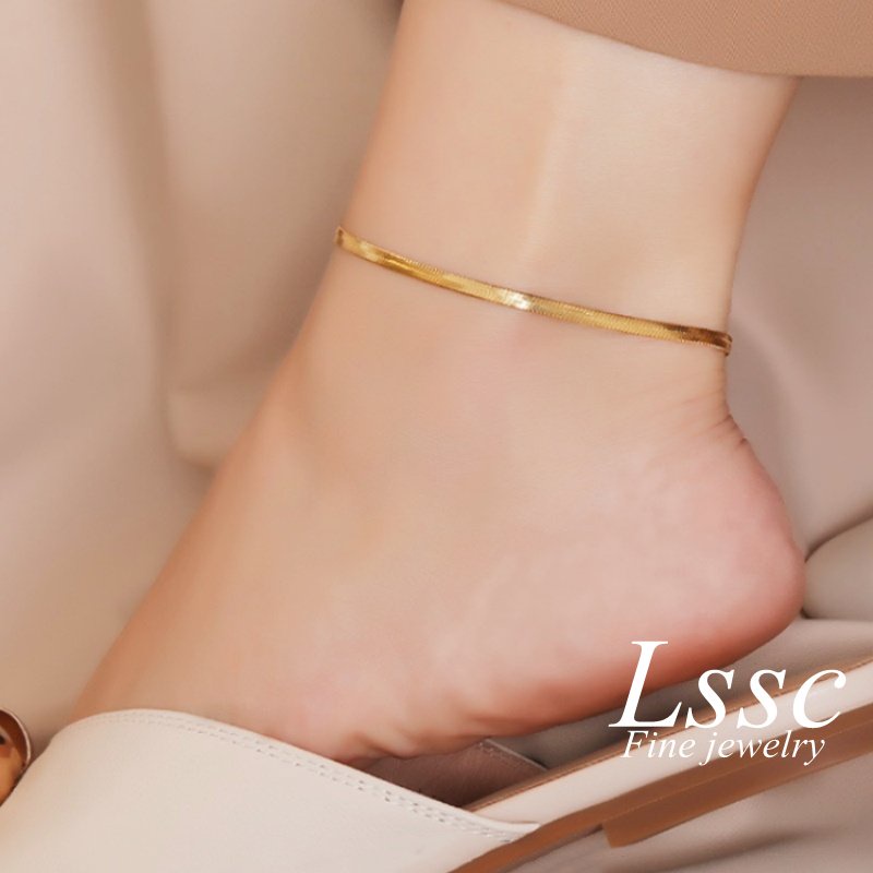 Gelang Kaki Titanium Rantai Belut Emas 18K Wanita Anti Karat Cantik Elegan Korea Aksesoris Perhiasan