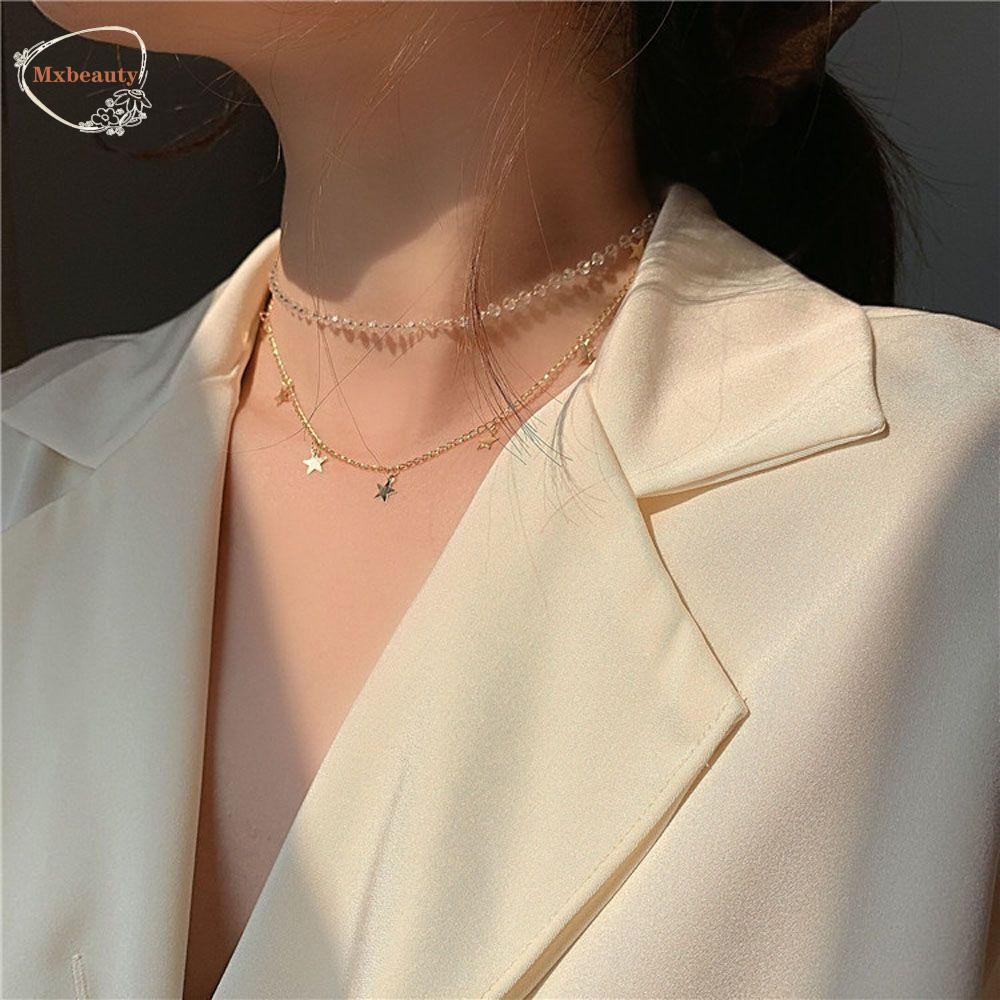 Mxbeauty Kalung Choker Rantai Klavikula Multi Layer Aksen Manik-Manik Bening Gaya Minimalis