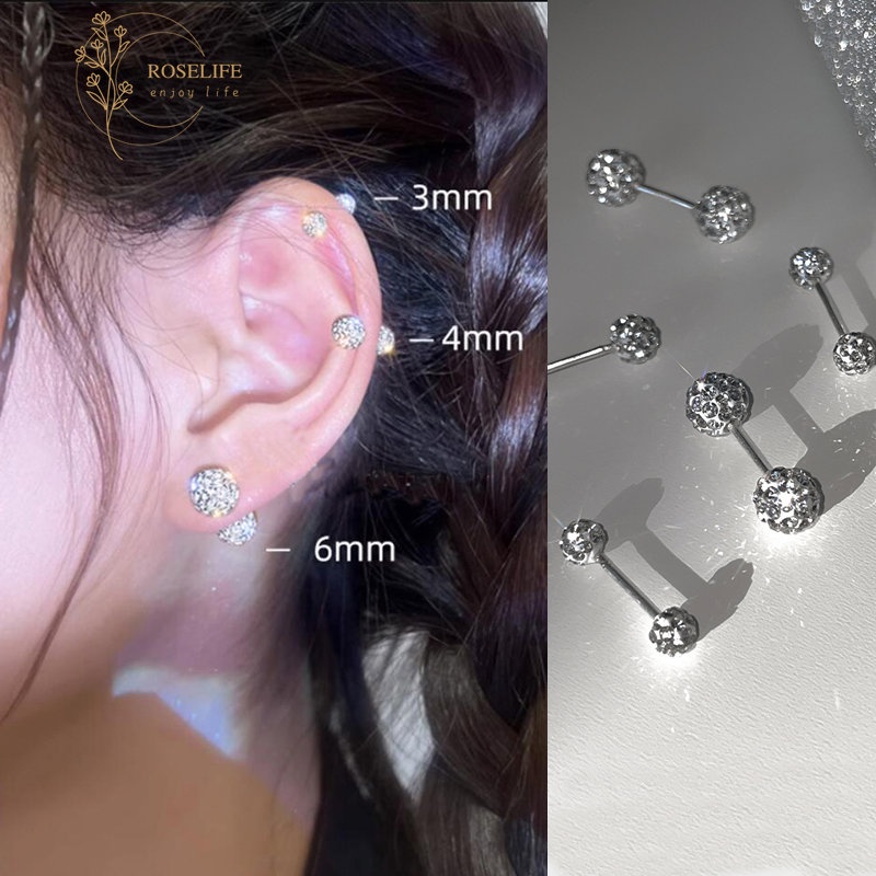 Roselife Bling Bling Zirkon S925 Perak Bola Kecil Anting Sekrup Untuk Wanita Perempuan Tindik Halus Dua Bola Kecil Stud Earring Hypoallergenic Telinga Perhiasan Aksesoris 1 Pc