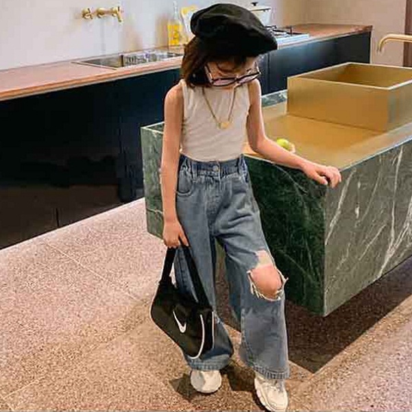 CHUBBI 3 Celana Jeans Panjang Anak Perempuan Wide Leg Straight Cut Big Ripped