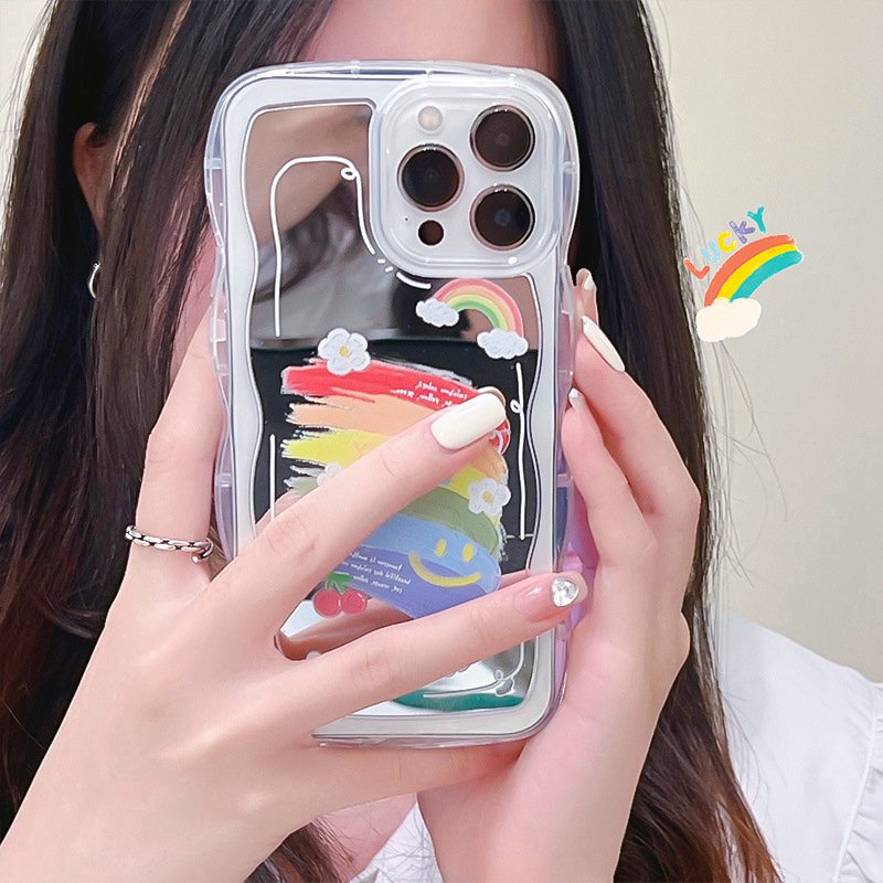 【Shock Proof Mirror】Wave Silicone Soft Case Iphone 6S 7 8 Plus X XR XS Max IPhone 11 12 13 14 Pro Max 14 Plus 7+ 8+ 12 13 mini for Women Girl Ins Rainbow Smile