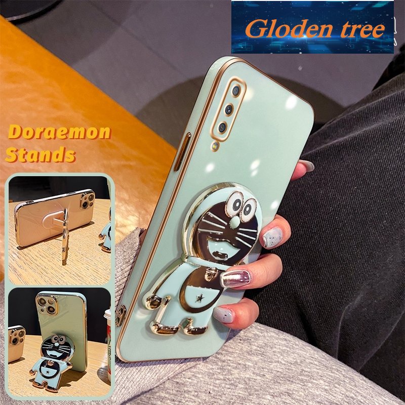 Gloden tree Casing Untuk Samsung A7 2018case Fashion Kartun Doraemon Stand Lipat Phone Case Electroplating Shockproof Phone Holder Case