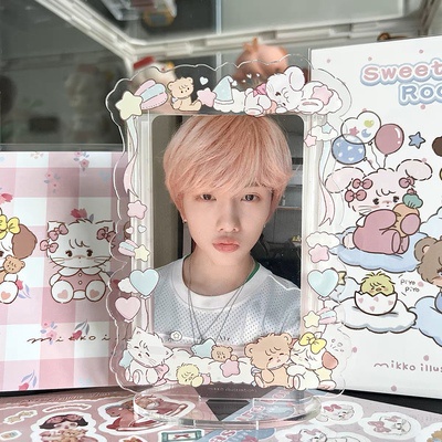 3inch 5inch Double Card Display Bingkai Foto Akrilik Lucu Tempat Kartu Idol Photocard Desktop Decor Frame Kartun Case Pelindung Penyimpanan Kartu