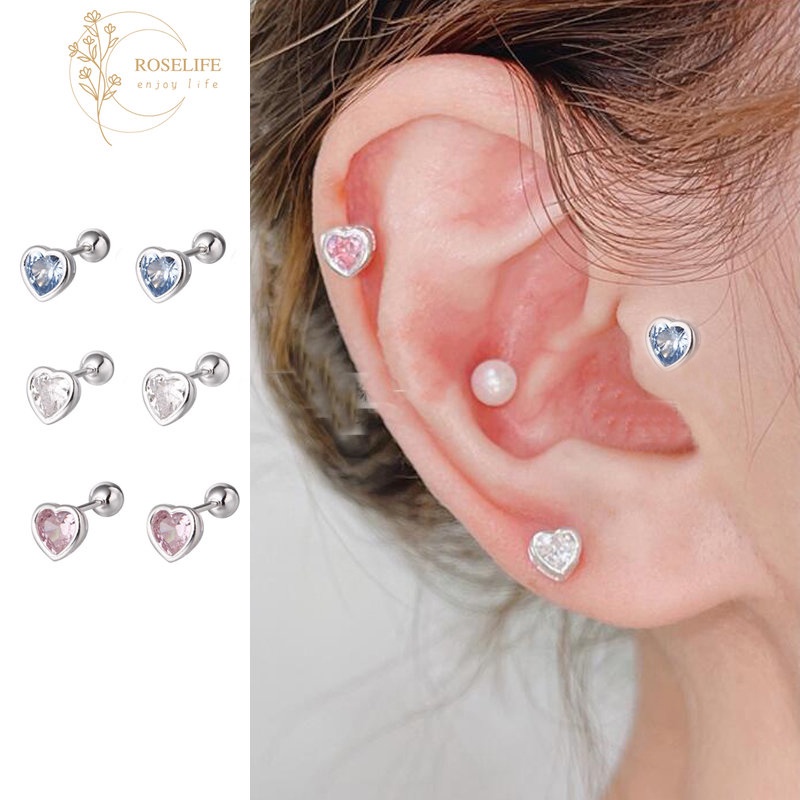 Roselife 2 Pcs S925 Perak Bola Bulat Berkilau Biru Pink Kristal Jantung Stud Anting-Anting Untuk Wanita Perempuan Ditindik Ganda-end Zirkon Sekrup Anting-Anting Fashion Tulang Rawan Telinga Perhiasan