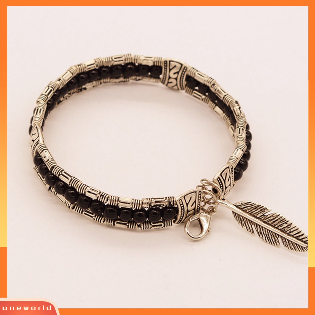 [EONE] Gelang Wanita Bentuk Bulu Bahan Alloy Imitasi Turquoise Tiga Lapis Women Bangles Untuk Hadiah