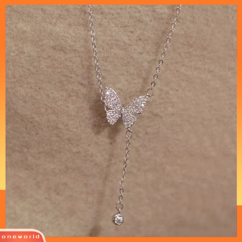 [EONE] Kalung Rumbai High-end Kupu-Kupu Mutiara Imitasi Cahaya Mewah Cubic Zirconia Leher Ornamen Temperamen Shiny Panjang Liontin Klavikula Kalung Perhiasan Aksesori
