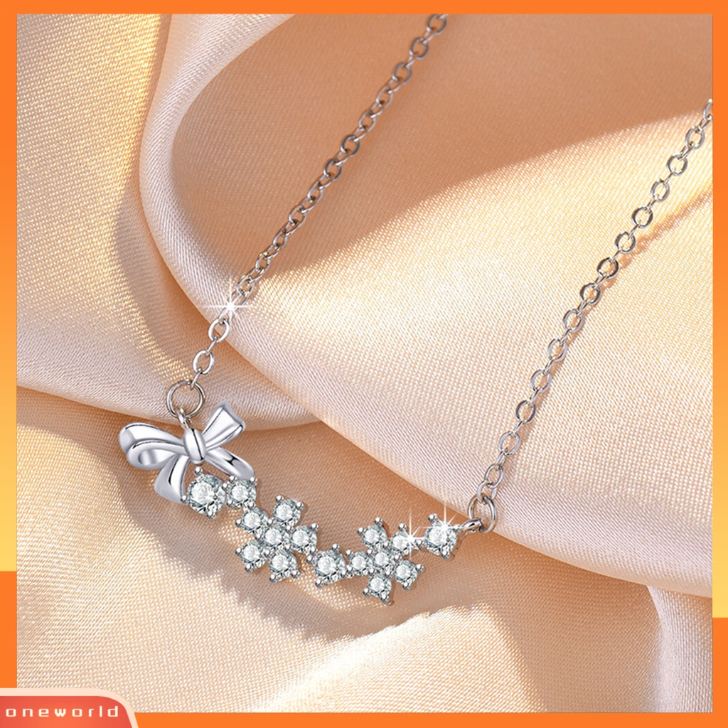[EONE] Wanita Kalung Cubic Zirconia Bow-knot Decor Rantai Warna Solid Electroplated Neck Dekorasi Berongga Keluar Shiny Bentuk Bunga Lady Necklace Women Jewelry