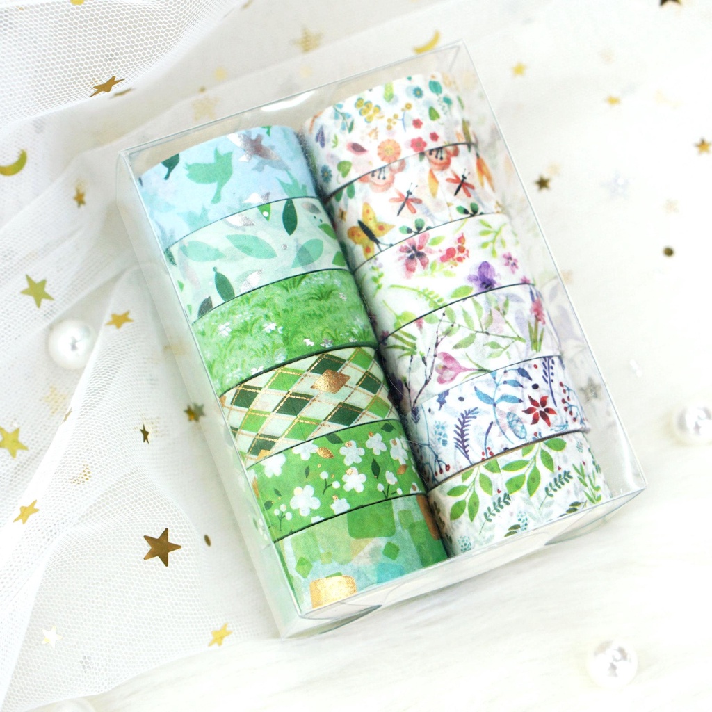 12roll Spring Fresh Washi Tape Glitter Washi Sticker Selotip Jurnal Bunga Hijau