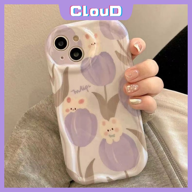 Casing Kelinci Lucu 3D Wavy Curved Edge Kompatibel Untuk iPhone 7Plus XR 11 14 13 12 Pro Max X7 6s 8 6 Plus XS Max SE 2020 Fresh Flowers Tulip Shockproof Soft Tpu Glossy Back Cover