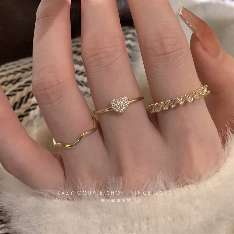 Ifyou 3Pcs/Set Retro Jantung Gelombang Cincin Set Kristal Zirkon Emas Cincin Untuk Wanita Perhiasan Aksesoris