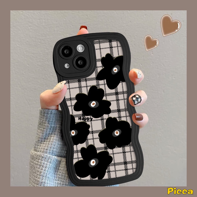 Kotak-kotak Retro Bunga Hitam Case Kompatibel Untuk IPhone 7Plus 11 13 14 12 Pro Max XR 7 14 8 6 6s Plus X XS Max SE 2020 Butterfly Love Heart Wavy Edge Soft Tpu Back Cover