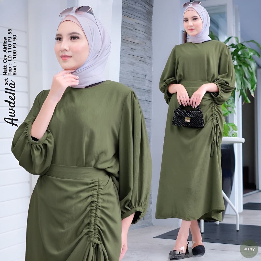 Awdella Set Setelan Wanita Muslim 2in1 Matt Cringkle Polos Basic Premium l Stelan One Rok Awdella