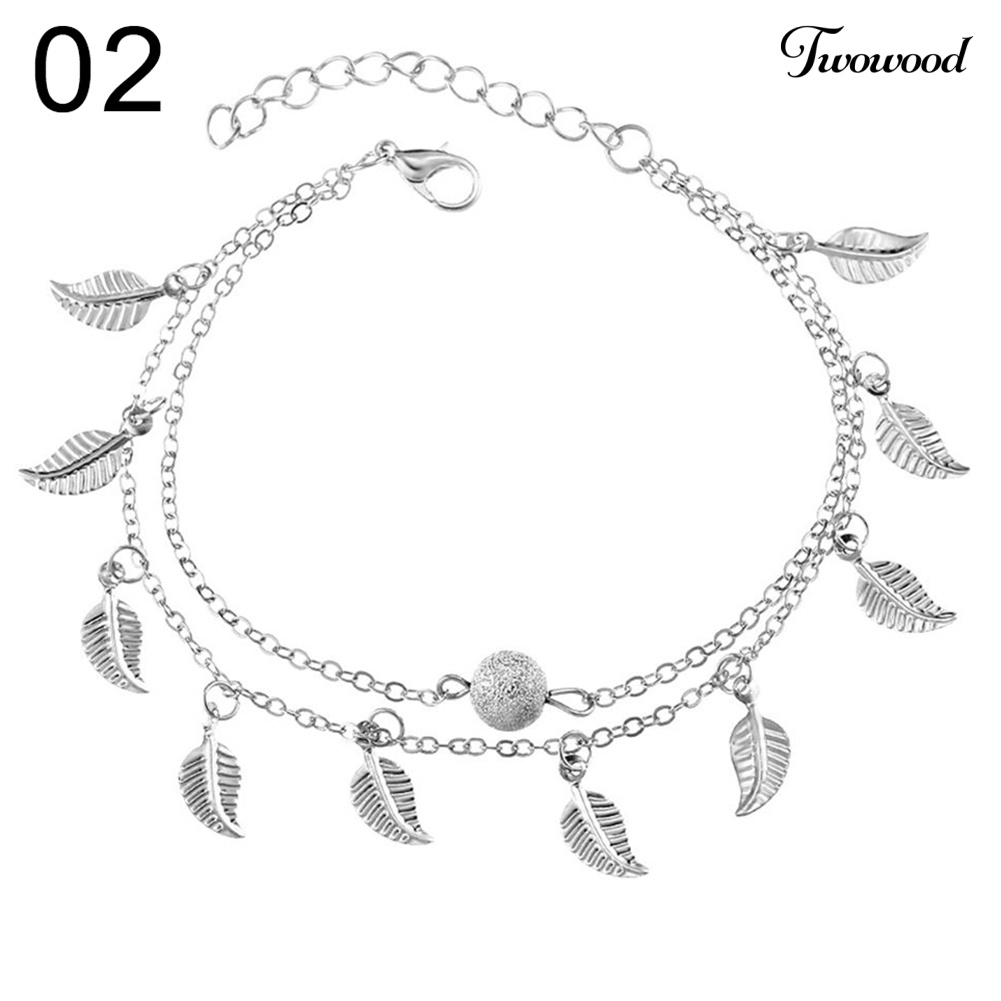 Twowood Double Layer Leaves Charm Anklet Kaki Rantai Musim Panas Wanita Sandal Ankle Bracelet