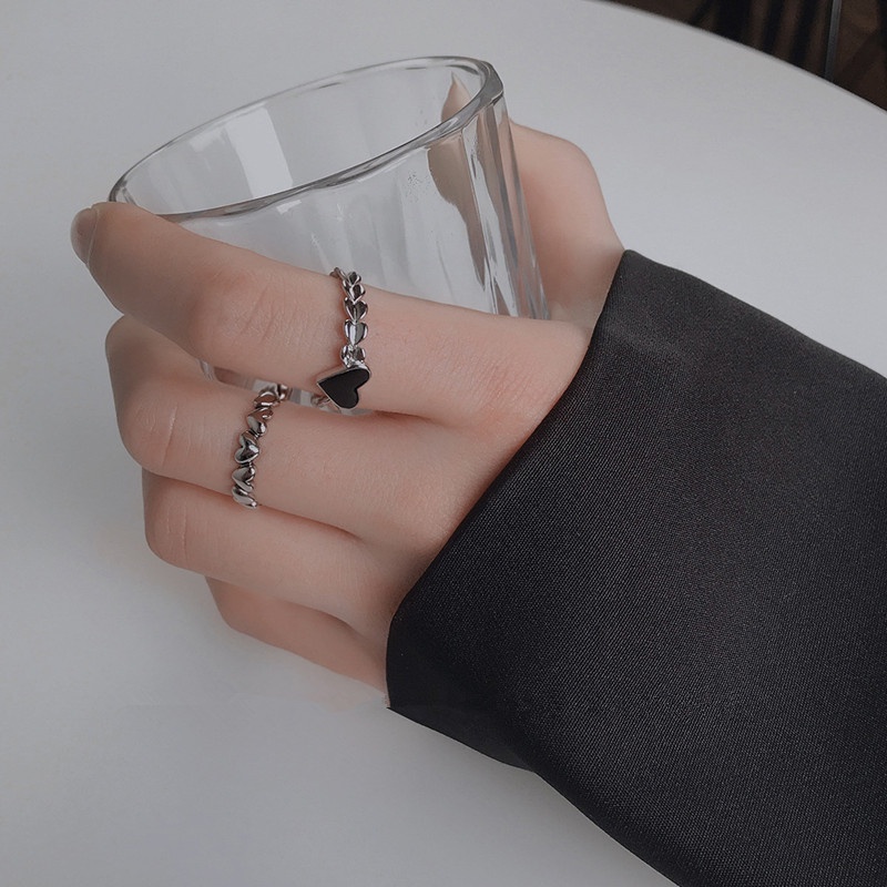 S925 Sterling Silver Hitam Hati Dihiasi Cinta Cahaya Mewah Korea Cincin Yang Dapat Disesuaikan