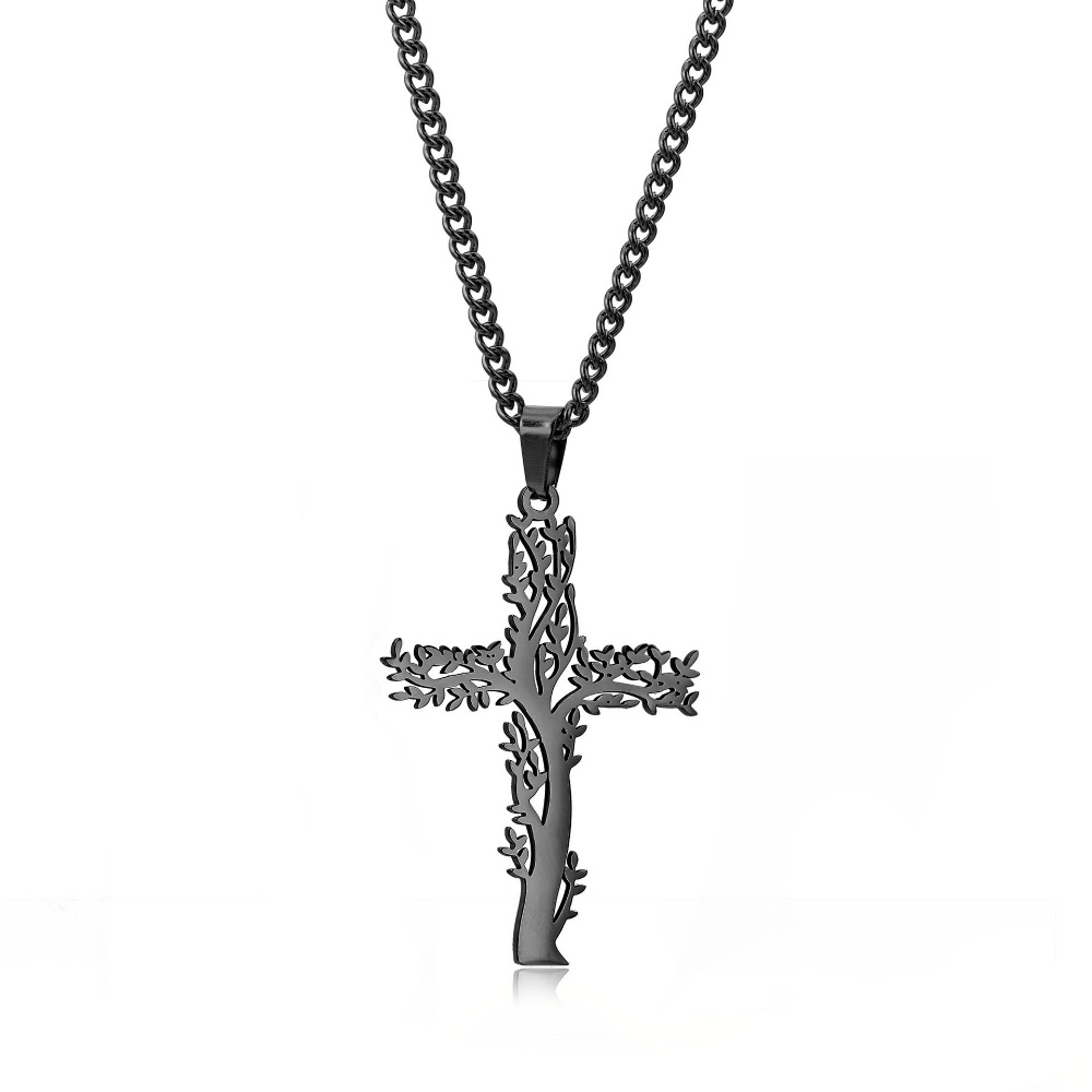 [X C Kalung] Emas &amp; Perak Baru Hip-hop Punk Retro Life Tree Cross ​Kalung titanium Steel Liontin Anti Karat Untuk Perhiasan Hadiah Liburan Pria Dan Wanita