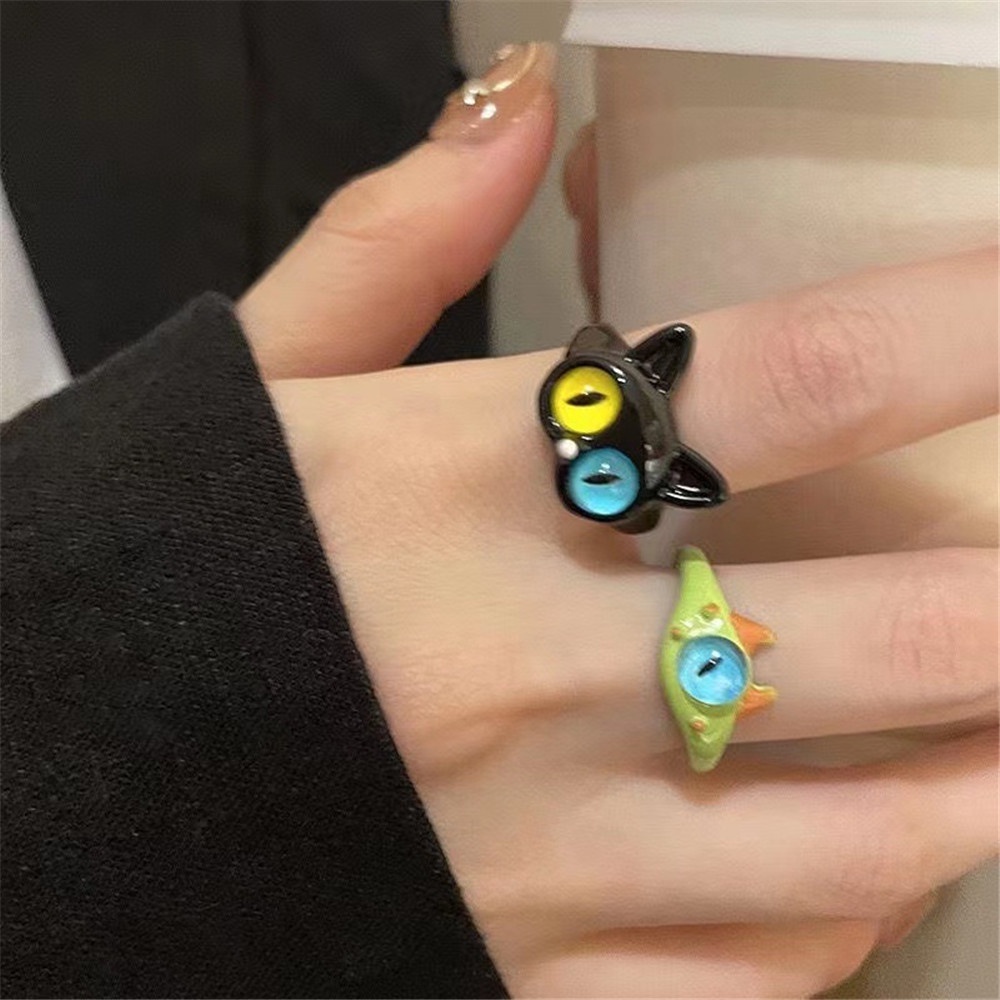 Cincin Monster Cowok Bermata Besar Membuka Monster Kecil Cincin Kucing Hitam Lucu Pasangan Bestie Cincin Perhiasan Gadis Seksi