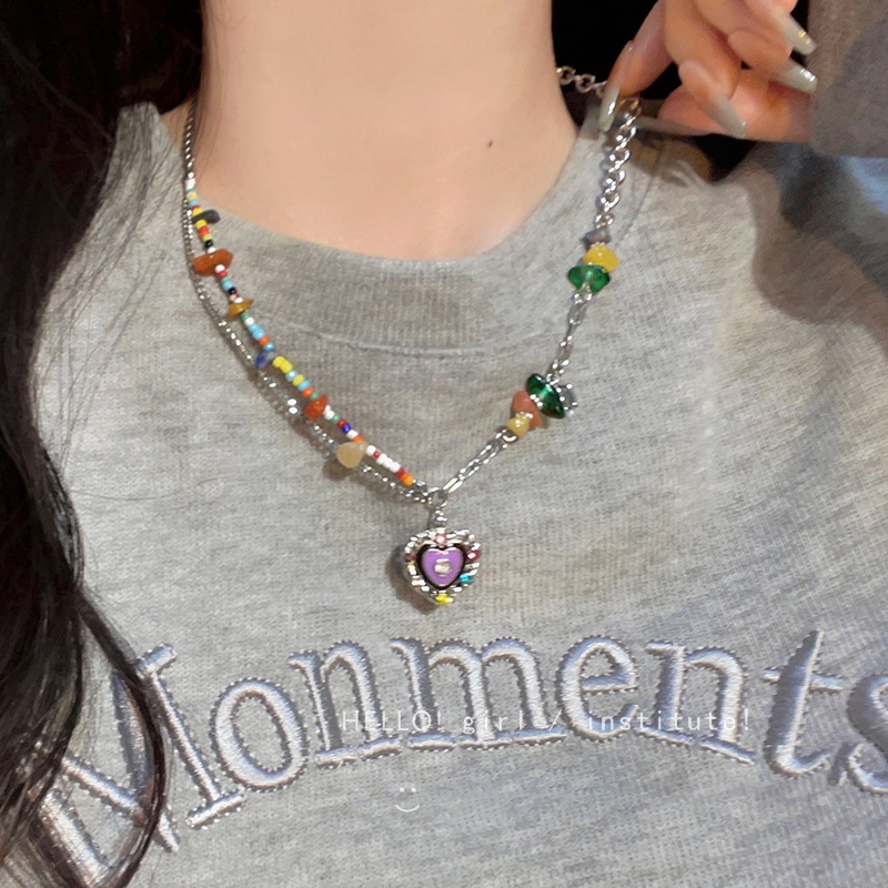 Yeezii Colorful Stone Bead Splicing Kalung Untuk Wanita Minyak Drip Jantung Perak Liontin Rantai Choker Perhiasan Aksesoris