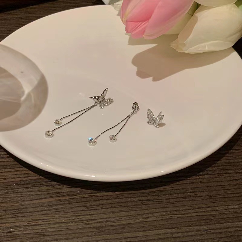 Anting Tusuk Silver Untuk Wanita Kupu-Kupu Zirkon Rumbai Earrings Aksesoris Perhiasan