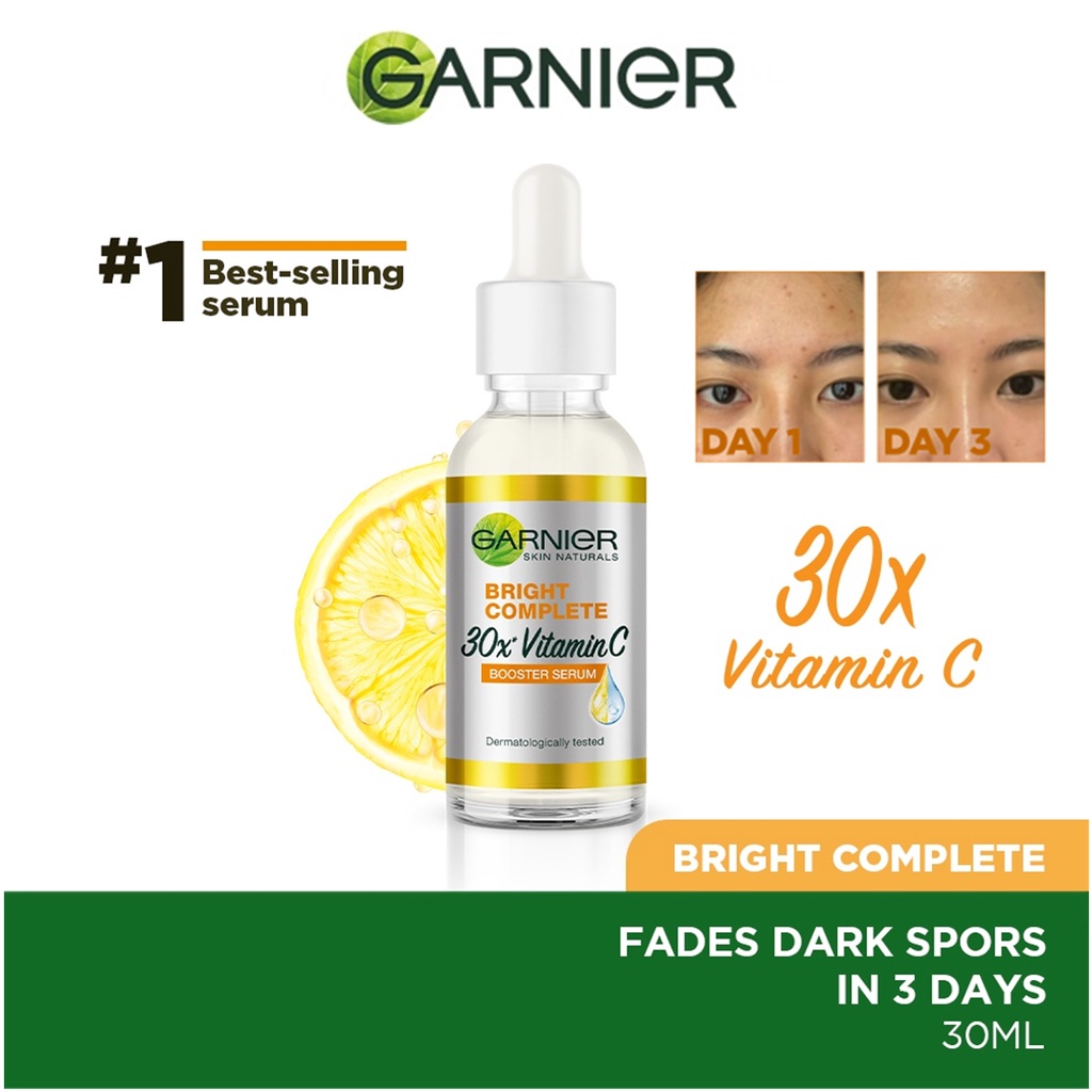 Garnier Bright Complete Vitamin C 30x Booster Serum Single 30ml - Kulit Cerah Light Complete - Kulit Pemutih dan Mencerahkan Flek Hitam