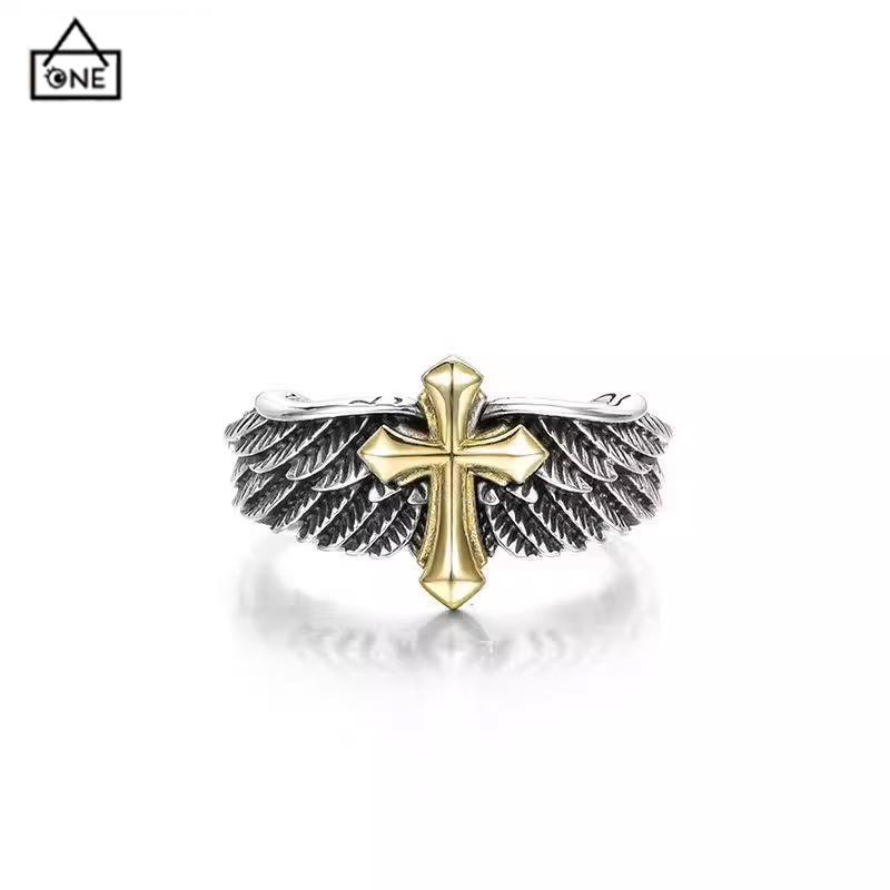 COD❤️Cincin Pria Vintage Wings Cross Grafiti Surat Terbuka Cincin Pribadi-A.one