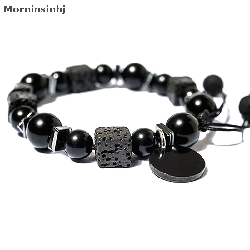 Mornin Gelang Hitam Lava Square Volcanic Stone Gelang Pria Matte Black Glass Beads Adjustable Bracelet Gelang Charm id