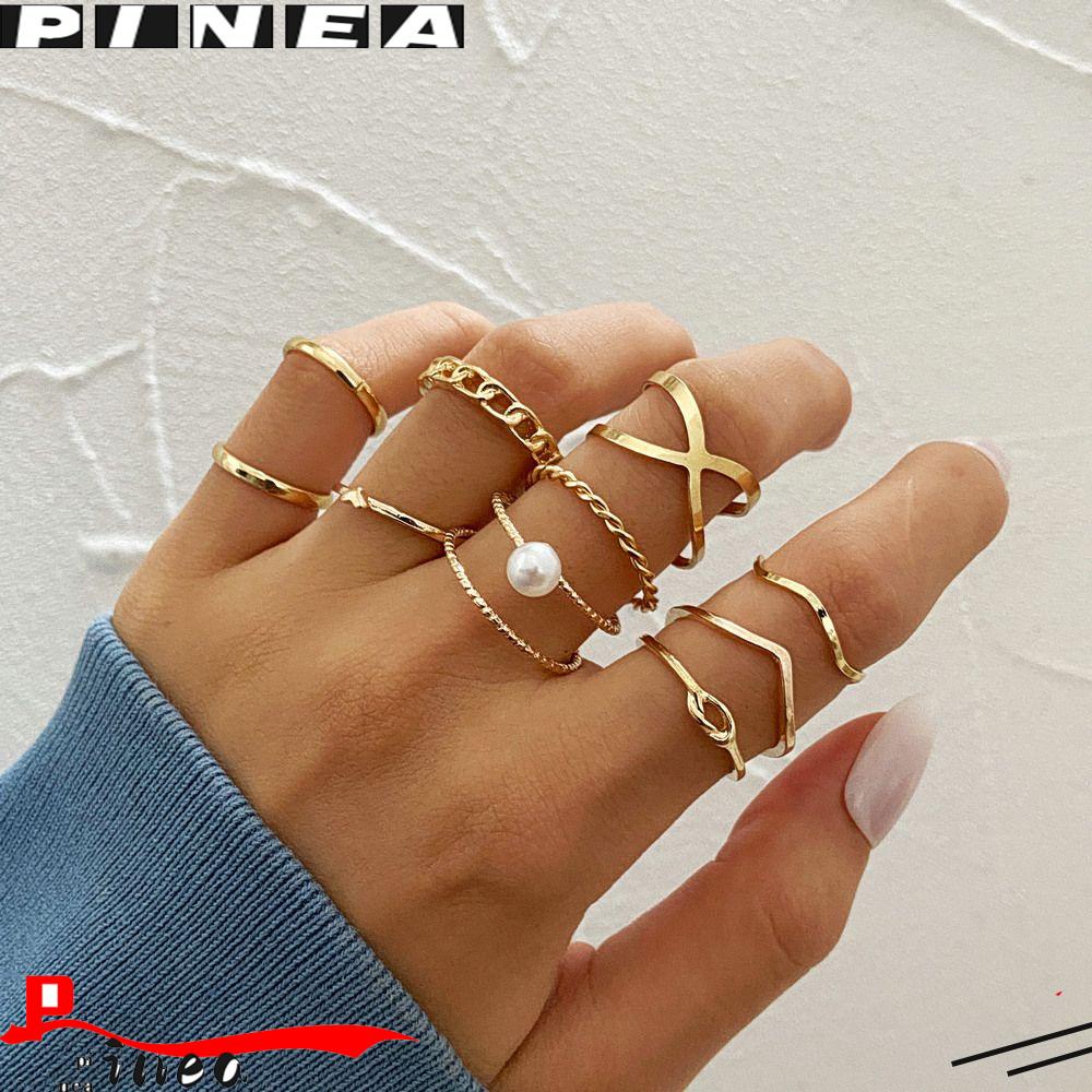 Nanas 10 Pcs Cincin Set Perhiasan Wanita Fashion Emas Punk Tidak Teratur Vintage Rantai Lebar