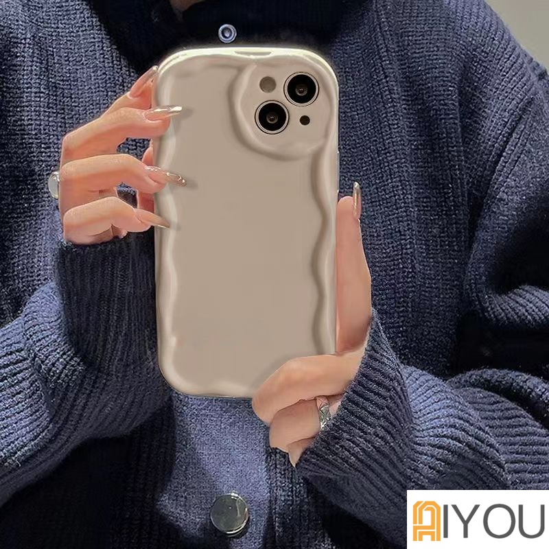 Fashion Sederhana Cat Air Gelombang Bingkai Bantal Ponsel Case Kompatibel Untuk iPhone 14 Pro Max11 12 13 7plus XR X XS Max7 8 Plus SE 2020 Halus Glossy Bergelombang Tepi Shockproof Soft Case