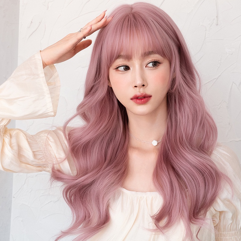 Wig Wanita Panjang Keriting Rambut Merah Muda Wig Penuh Kepala Set Gelombang Besar Putaran Wajah Simulasi Wig Set