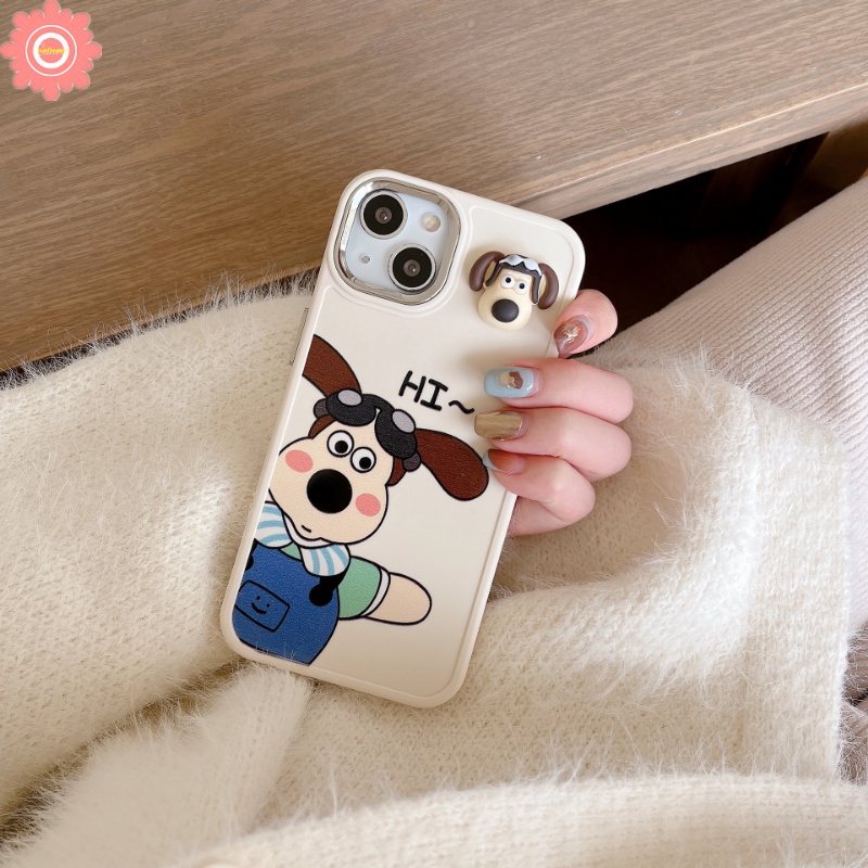 IPHONE 3d Mainan Anjing Lucu Plating Metal Frame Case Kompatibel Untuk Iphone7 8 Plus XR 11 12 14 13 Pro MAX 7plus X 8plus XS MAX Kartun Wallace Dan Gromit Electroplate Soft Cover