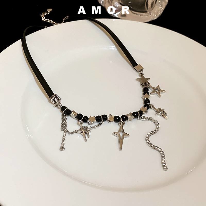 Zirkon pentagram Kulit Rumbai choker Rantai Leher Kalung Keren