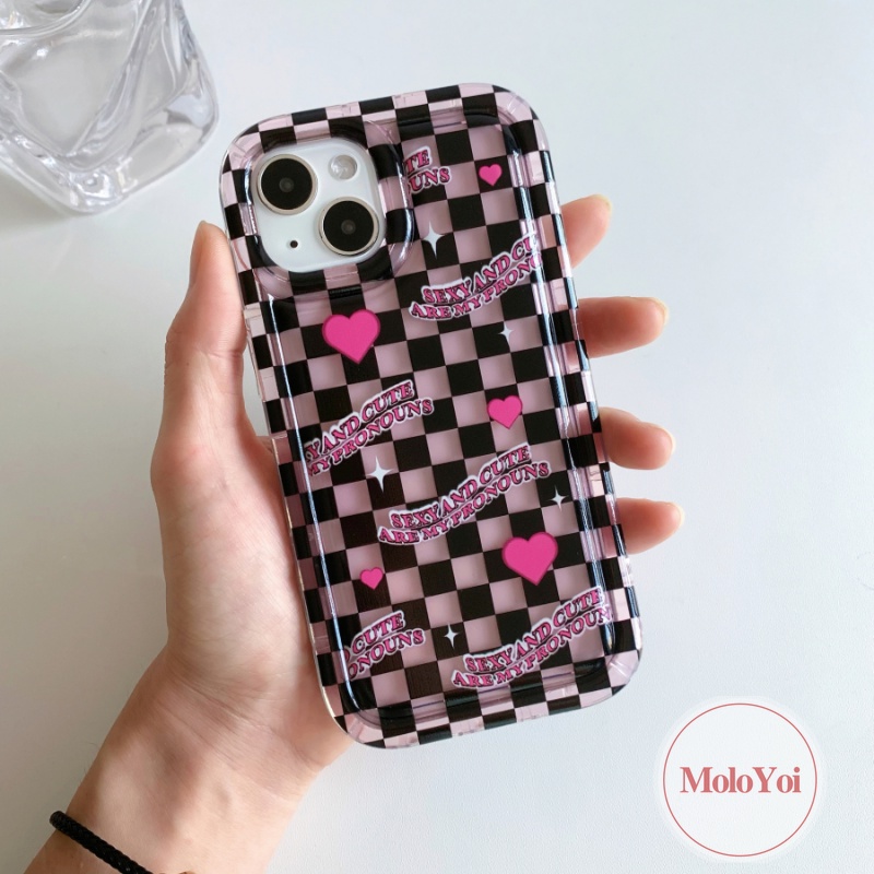 3d Cinta Hati Liontin Case Kompatibel Untuk IPhone 7Plus XR 11 14 13 12 Pro MAX 6 6S Plus X XS MAX Kawaii Korea Lucu Kotak-Kotak Kisi Shockproof Bening Lembut TPU Airbag Penutup Belakang