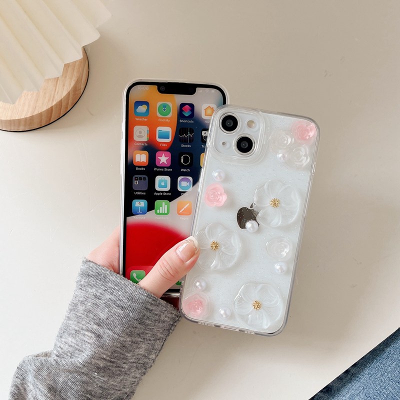 【Crystal resin】3D So Pretty Pink Pearl Flower Soft Case IPhone 7 8 Plus XR XS Max 11 12 13 14 Pro Max 14 Plus for Women Girl Gift