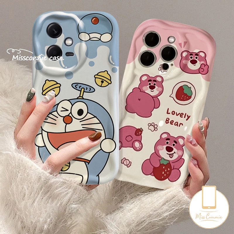 IPHONE Lovely Couple 3D Wavy Curved Edge Phone Case Kompatibel Untuk Iphone7 8 6s 6 Plus XR 11 13 12 14 Pro Max X XS Max SE 2020 Lucu Doraemon Kartun Strawberry Bear Manyo Tpu Soft Cover